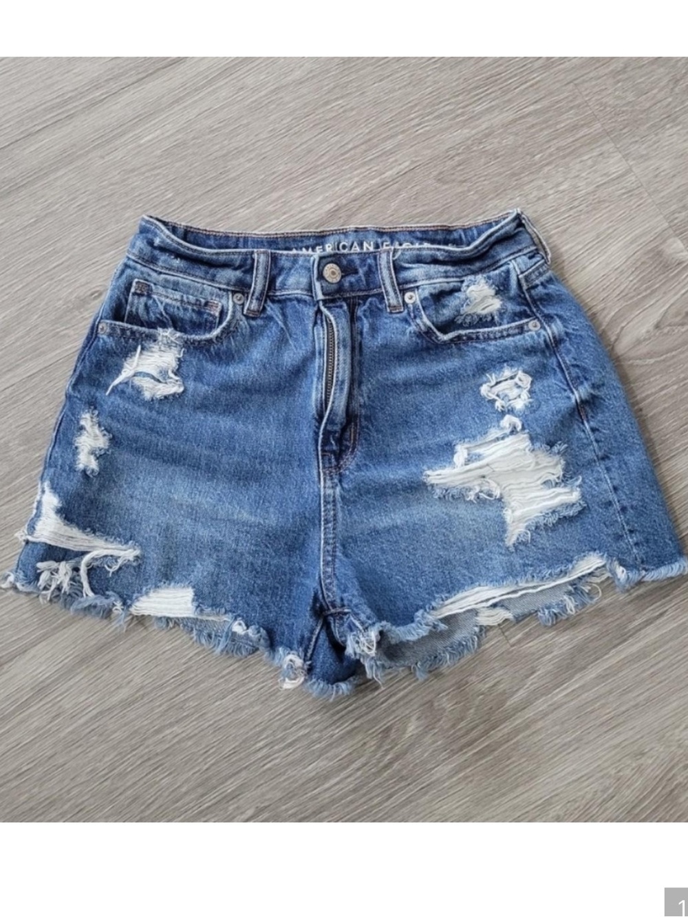 American Eagle Blue Raw Hem Distressed Mom Jean Shorts